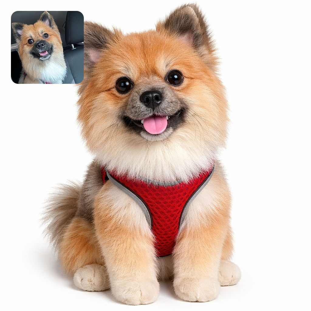 A delighted Pomeranian grins like it just told a joke — fluffy mane, bright eyes, tiny tongue out, and a red harness making it look ready for adventure in the car seat.