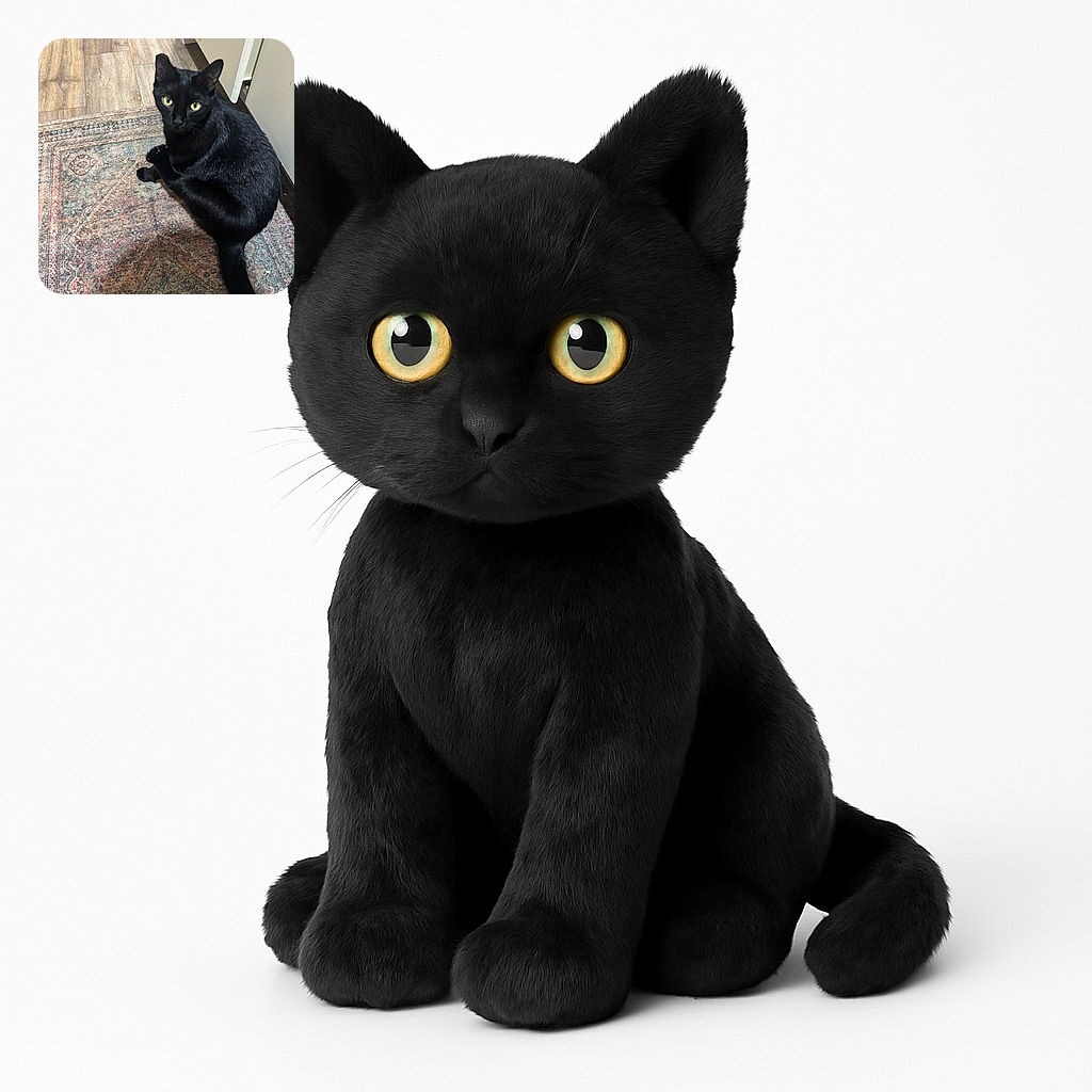 A sleek black cat with bright yellow eyes sits curled up on a colorful patterned rug, looking intently at the camera with a curious and slightly mysterious expression. The wooden floor and white cabinets in the background add a cozy indoor atmosphere.