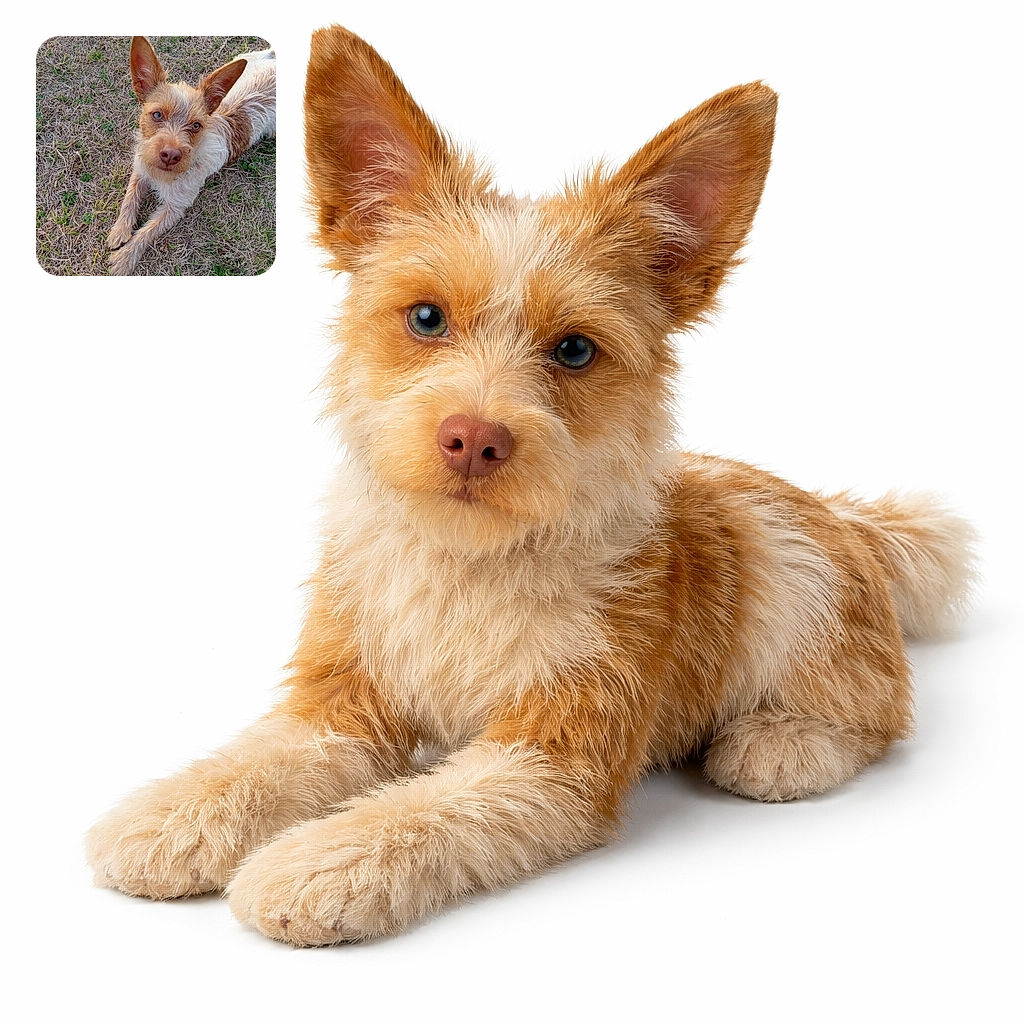A scruffy, attentive dog with one ear slightly cocked gives the camera a soulful, "did you bring snacks?" look while lounging on dry grass — charmingly muddy paws and a rosy nose complete the guilty-but-cute expression.
