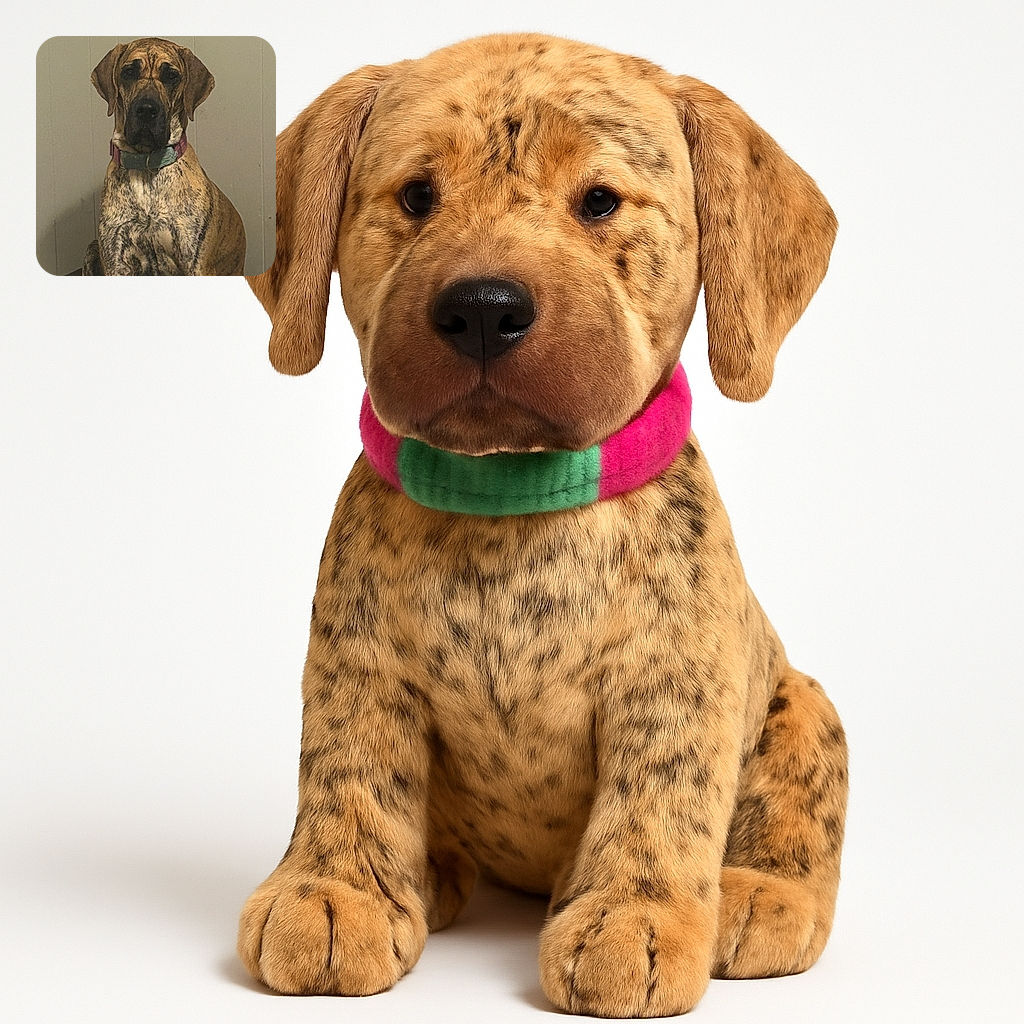 A large brindle dog with a multicolored collar sits solemnly against a plain beige wall, looking straight at the camera with a calm and steady gaze.