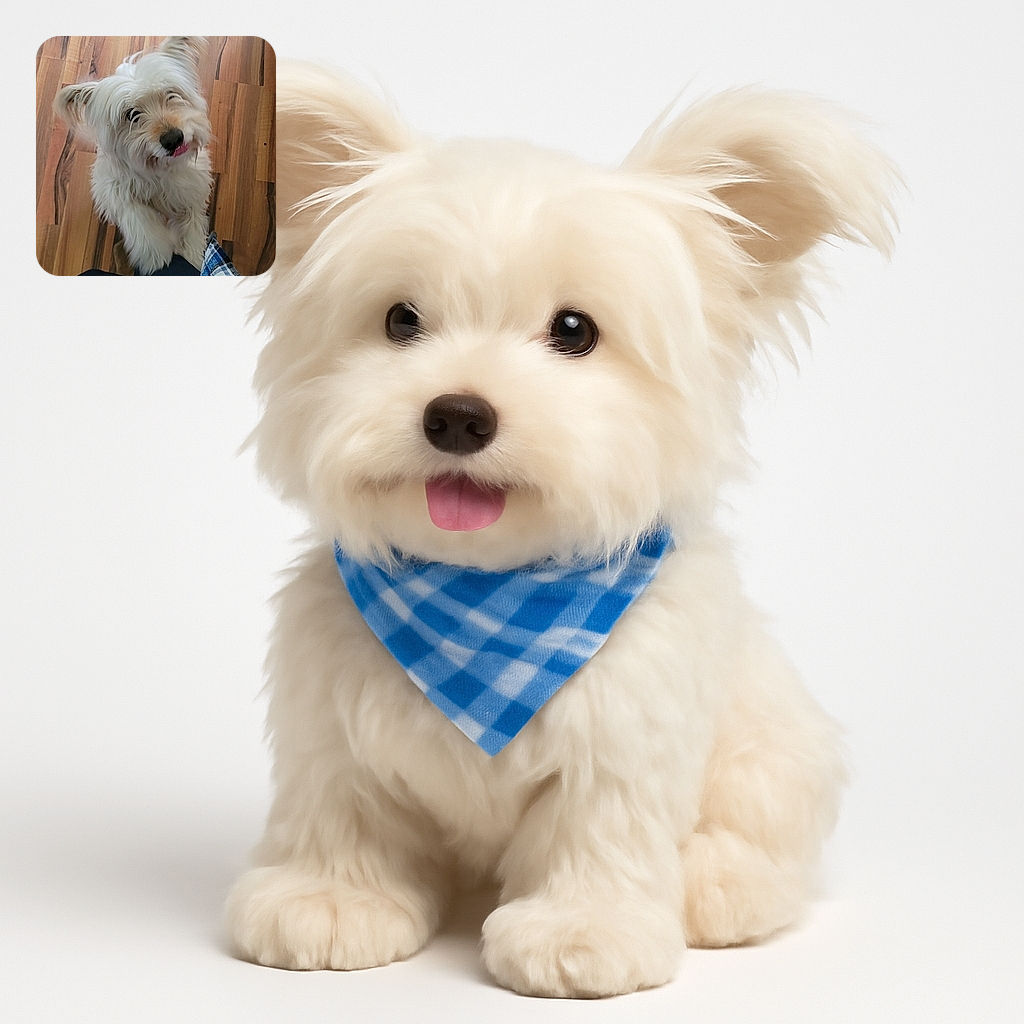 A fluffy white dog with a slightly scruffy coat looks up with a playful expression, tongue peeking out, standing on a wooden floor next to a person wearing blue jeans and a blue plaid shirt sleeve.