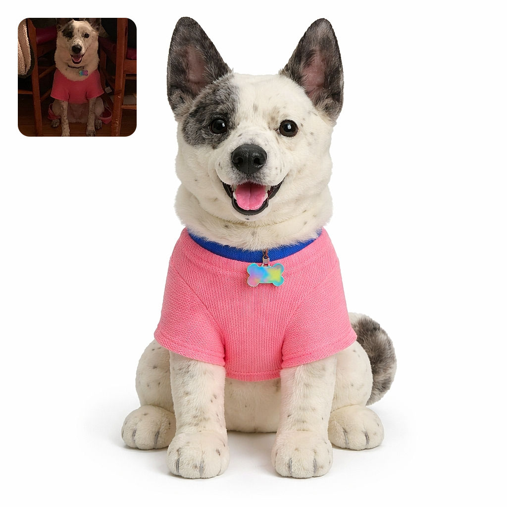 A cheerful dog sits between chairs like it belongs at the head of the table, wearing a pink shirt and flashing a grin — tongue out, ears perked, and a colorful tag wobbling on its collar. The low indoor light gives everything a cozy, slightly grainy look while the pup steals the spotlight with pure personality.