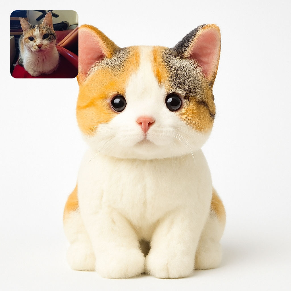 A cozy calico cat is perched on a red blanket, staring curiously at the camera with big, shiny eyes. The background is softly blurred, with hints of furniture and household items, giving a warm indoor vibe.