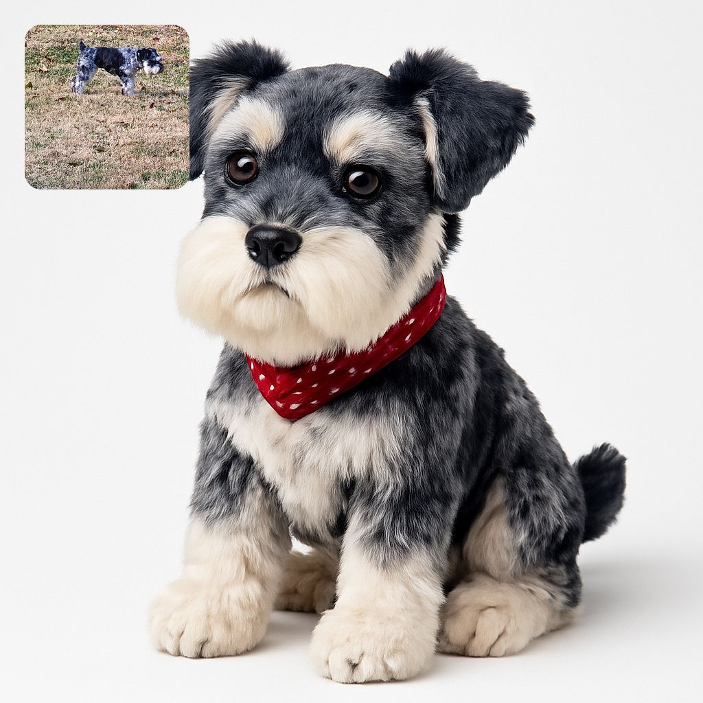 A fluffy black and white dog stands alert on a patchy grassy field with some dry leaves scattered around, looking off to the right as if spotting a squirrel or plotting a backyard adventure.