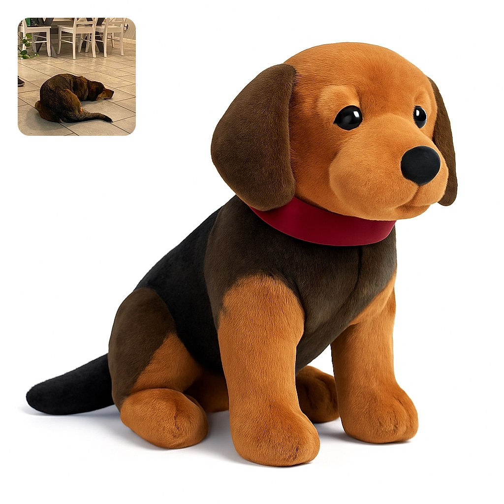 A cozy indoor scene featuring a brown dog curled up and resting on a tiled floor beneath a modern dining table with white chairs. The setting is calm and homey, with a touch of greenery from a plant to the left, and various items on the table hinting at a lived-in space.