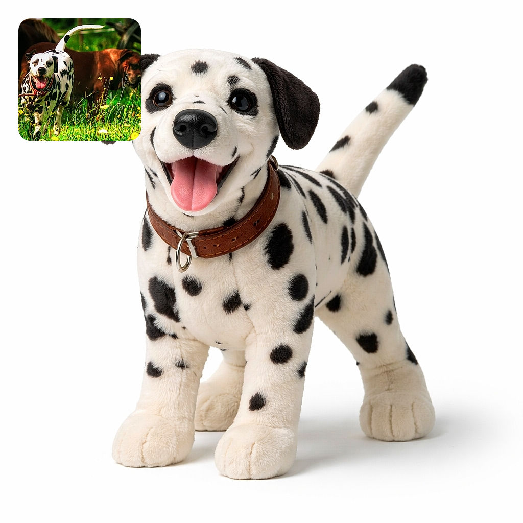 A jubilant Dalmatian charges through a sunlit meadow with its tongue lolling and collar jangling, while a large brown dog lounges in the blurred background among wildflowers — a cheerful game of 'spot the spots' in full technicolor.