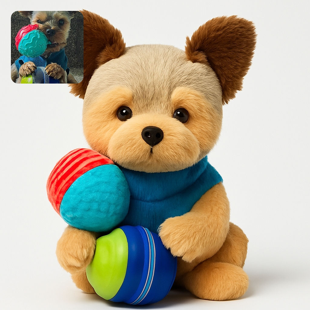 A cute small dog, possibly a Yorkshire Terrier, is adorably clutching two colorful toys, one red and blue ball in its mouth and another blue and green ball under its paws. The dog is wearing a cozy blue sweater and sitting on a carpeted floor with a soft-focus background.