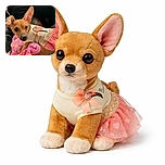 A charming small dog dressed in a cute pink and cream outfit, sitting cozily on a colorful, soft blanket inside a car. The dog looks curious and attentive with one ear perked up, surrounded by a blurred background that emphasizes the pup's adorable expression and detailed outfit.
