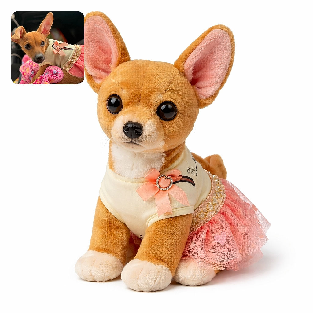 A charming small dog dressed in a cute pink and cream outfit, sitting cozily on a colorful, soft blanket inside a car. The dog looks curious and attentive with one ear perked up, surrounded by a blurred background that emphasizes the pup's adorable expression and detailed outfit.