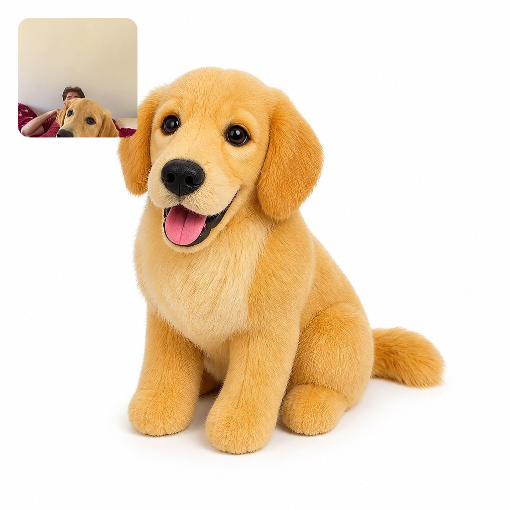 A cheerful golden retriever has taken over the foreground like a fluffy celebrity, tongue out and eyes sparkling, while a relaxed person peeks from behind on a cozy red blanket as though the dog just won the cuddle competition.
