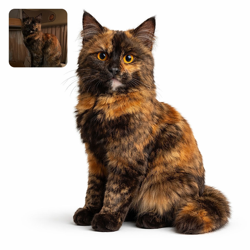 A dignified tortoiseshell cat perches like royalty on a cushioned throne, giving a slow-burn stare that says 'feed me or face the consequences' — ears peaked, whiskers on alert, and fur glowing in warm indoor light.