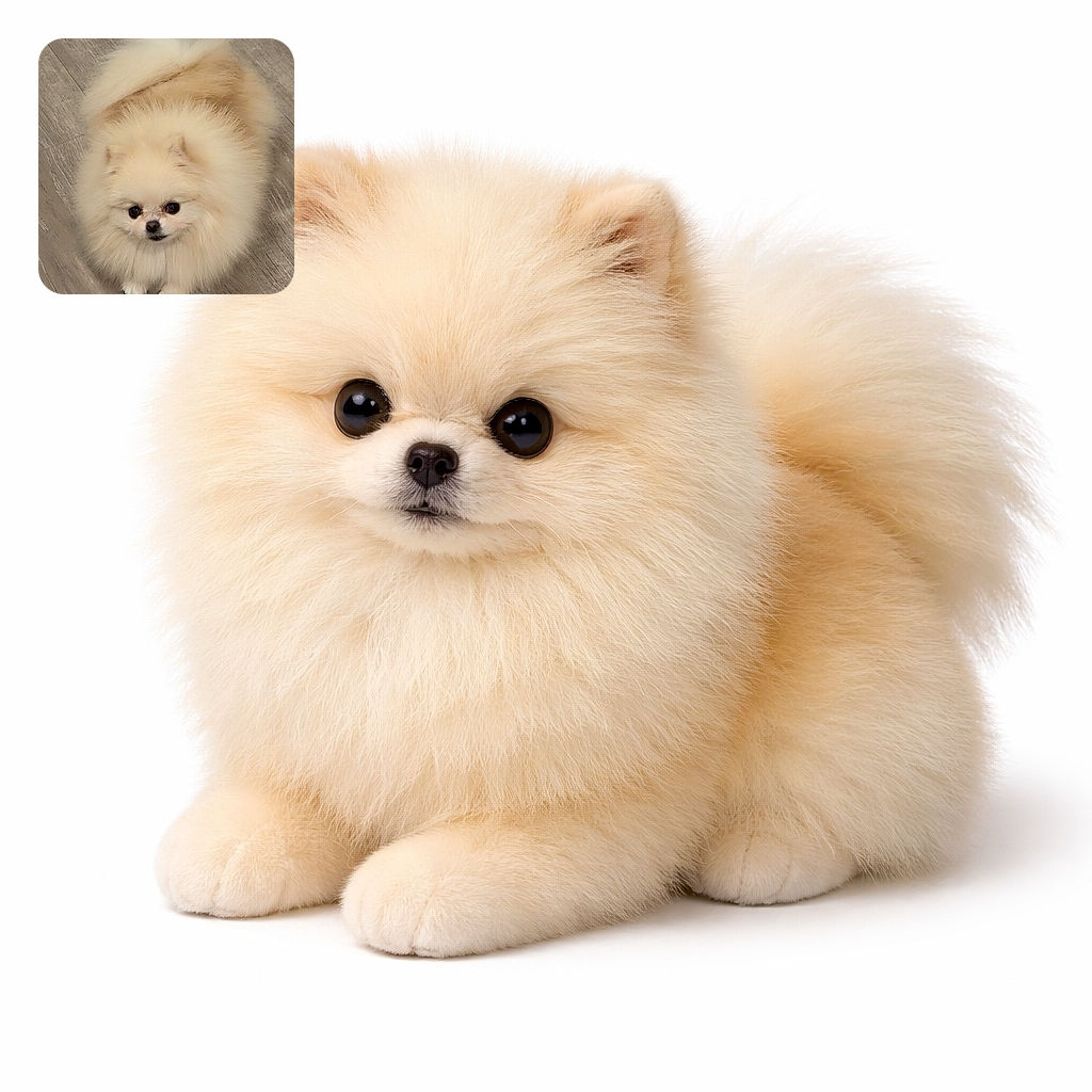 A fluffy cream Pomeranian stares up like a tiny, regal marshmallow — button eyes, a little black nose, and enough fur to build a blanket. The wood floor provides a minimalist runway for this pint-sized superstar.