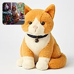 A fluffy orange and white cat sits patiently on a windowsill next to a festively decorated Christmas tree adorned with colorful ornaments and tinsel. Outside the window, playful holiday decorations add a whimsical touch, while the cat gazes calmly at the camera, blending the cozy indoor holiday spirit with the serene outdoor garden view.