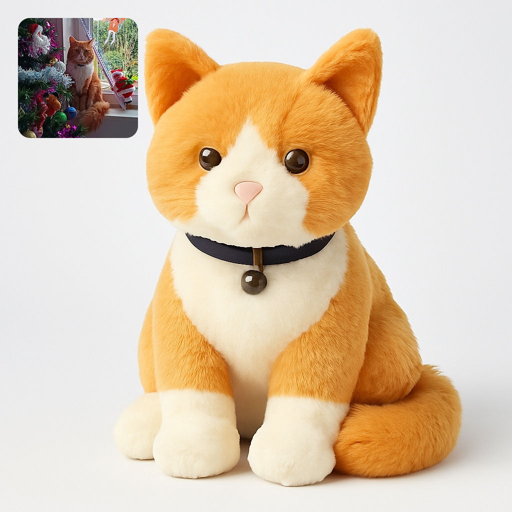 A fluffy orange and white cat sits patiently on a windowsill next to a festively decorated Christmas tree adorned with colorful ornaments and tinsel. Outside the window, playful holiday decorations add a whimsical touch, while the cat gazes calmly at the camera, blending the cozy indoor holiday spirit with the serene outdoor garden view.