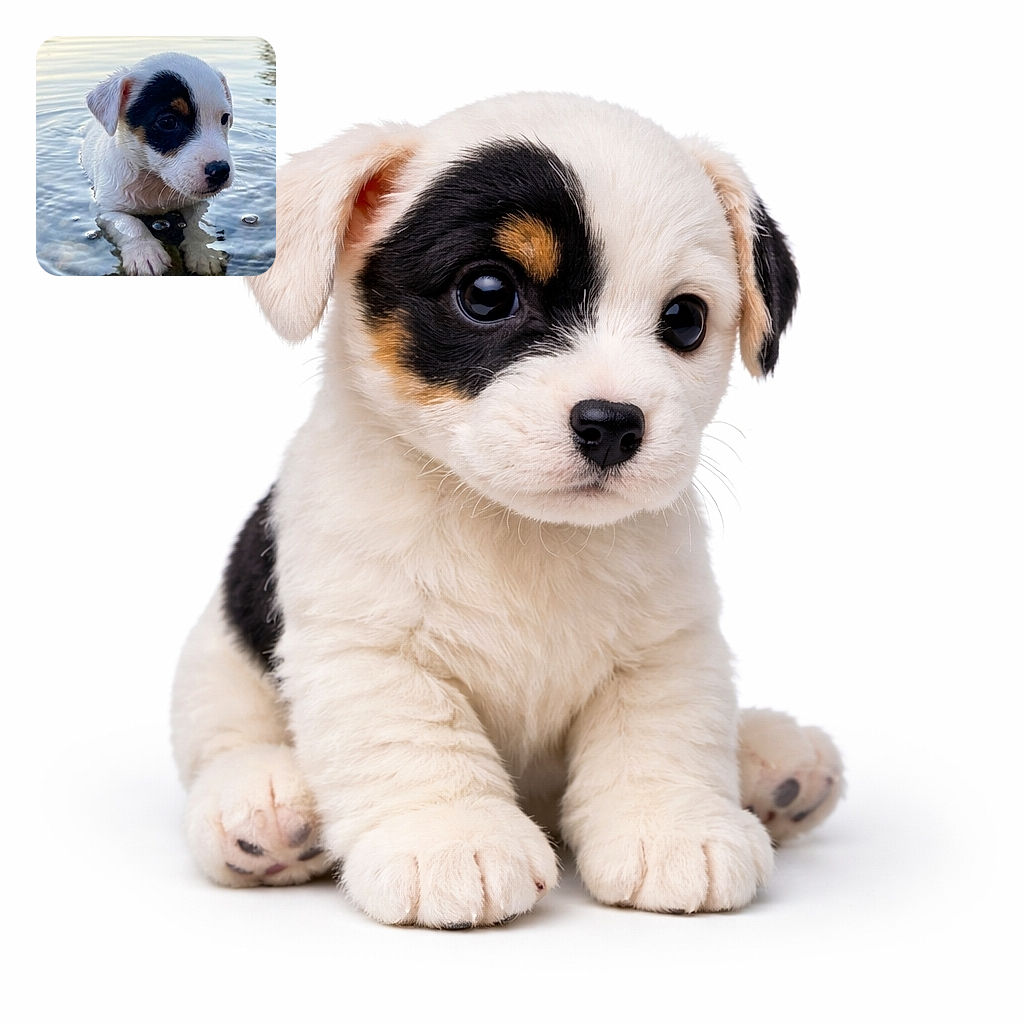 A soggy, wide-eyed puppy perched on a submerged rock in a calm lake, tiny paws paddling, black-and-white face full of tentative curiosity — the expression clearly says, 'I did not sign up for swimming lessons.'