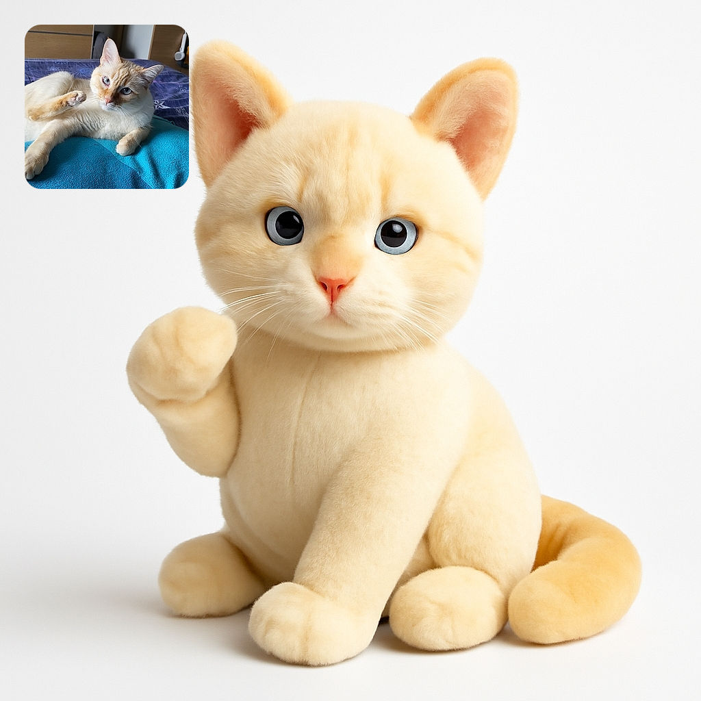 A cream-colored cat with striking blue eyes lounges comfortably on a blue pillow atop a purple bedspread, looking curiously at the camera with one paw raised mid-stretch, surrounded by a cozy bedroom setting.