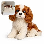 A sweet Cavalier King Charles Spaniel puppy lounges comfortably on a slightly rumpled white couch cushion, looking up with big, soulful eyes that could melt any heart. The neutral-toned couch and plain wall create a cozy, homey backdrop for this adorable canine moment.