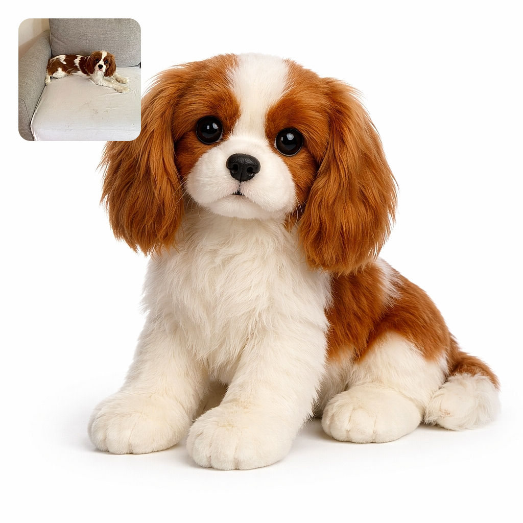 A sweet Cavalier King Charles Spaniel puppy lounges comfortably on a slightly rumpled white couch cushion, looking up with big, soulful eyes that could melt any heart. The neutral-toned couch and plain wall create a cozy, homey backdrop for this adorable canine moment.
