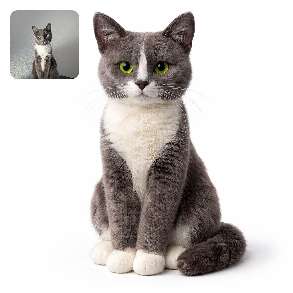 A dignified gray-and-white tuxedo cat sits like royalty on a book, staring directly at the camera with glowing green eyes and impeccable whiskers — wall texture providing the minimalist throne room.