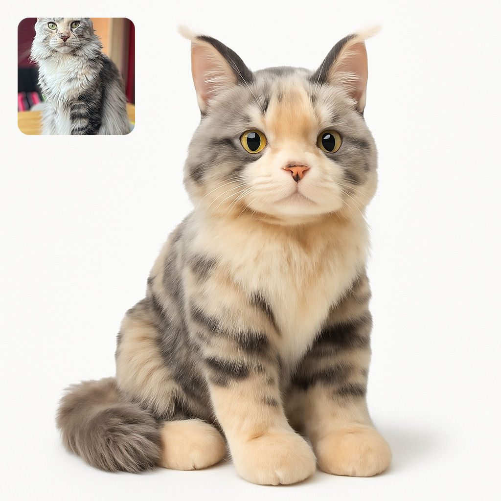 A majestic fluffy cat with striking green eyes sits regally on the edge of a wooden table, its fur beautifully detailed and the background softly blurred to highlight its elegant presence.