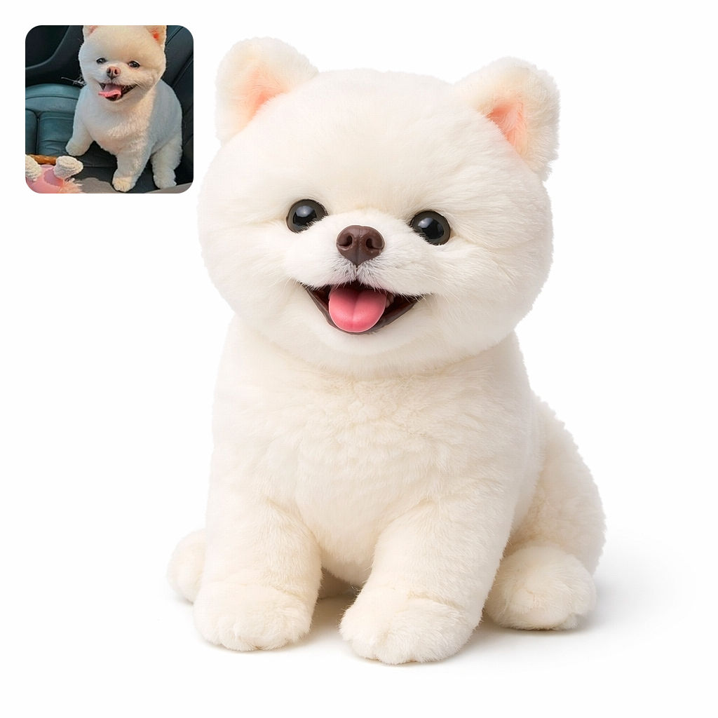 A fluffy white Pomeranian grins with its tongue out, perched on a car seat next to a plush toy — a tiny cloud of joy ready for selfie duty.
