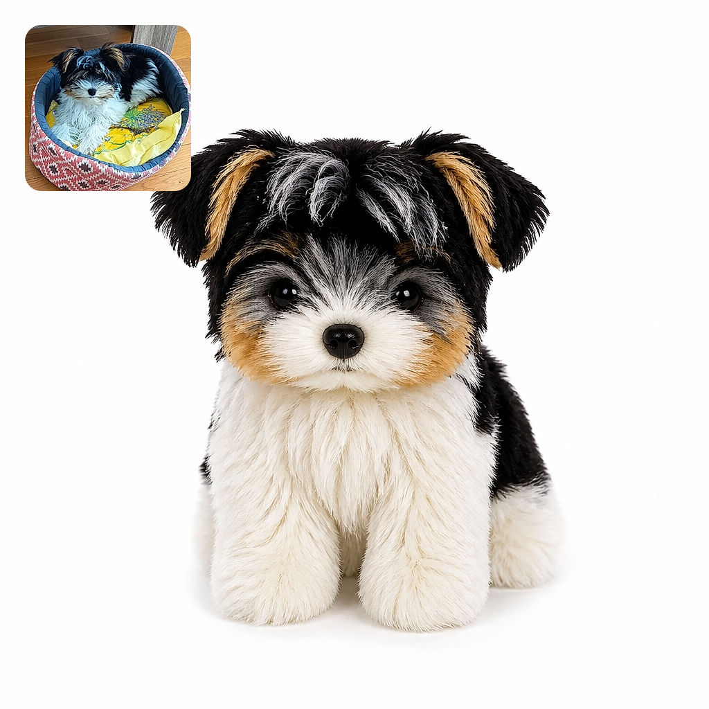 A fluffy black, white, and tan puppy lounges proudly in a colorful cushioned bed, looking like a tiny royal who has claimed the comfiest throne in the house. The bright yellow blanket and patterned sides add cheerful charm against the warm wooden floor.