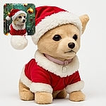 A small dog dressed in a festive Santa Claus outfit stands proudly in front of a Christmas-themed background adorned with pine branches and golden ornaments. The words 'Merry Christmas' are prominently displayed above the dog, adding a cheerful holiday message. The dog's expression is calm and slightly curious, making it a heartwarming and festive scene.