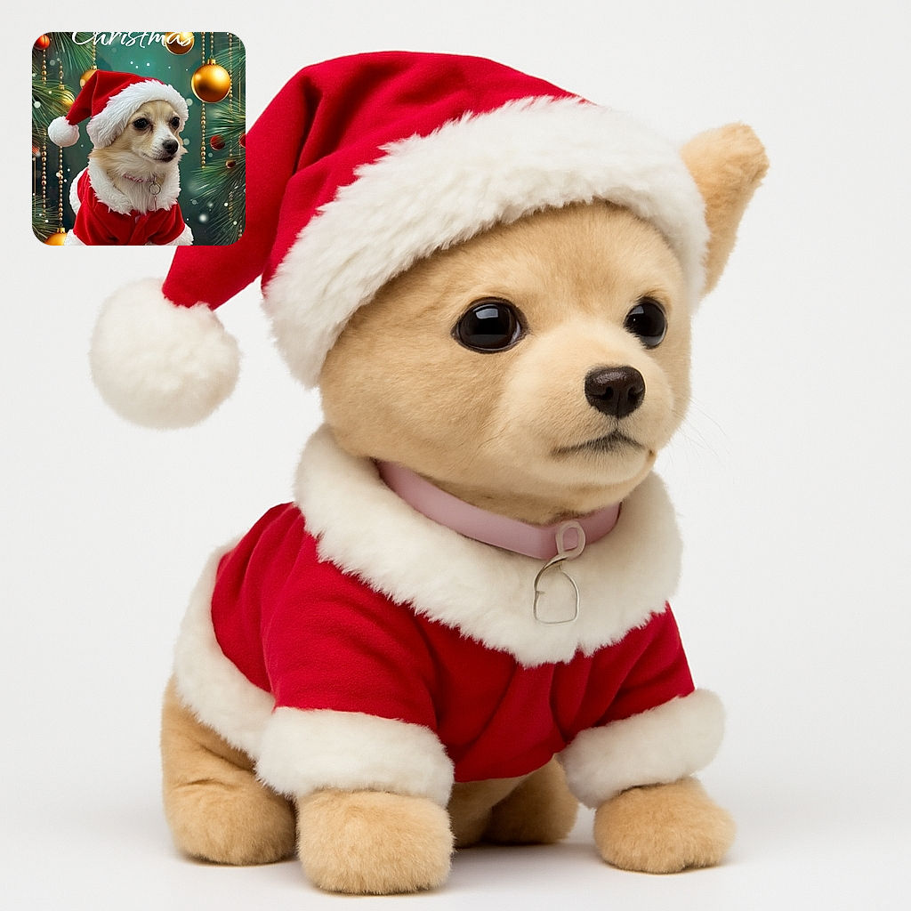 A small dog dressed in a festive Santa Claus outfit stands proudly in front of a Christmas-themed background adorned with pine branches and golden ornaments. The words 'Merry Christmas' are prominently displayed above the dog, adding a cheerful holiday message. The dog's expression is calm and slightly curious, making it a heartwarming and festive scene.