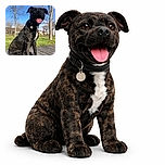 A happy black and brindle dog with a shiny coat and a big pink tongue is sitting on a wooden deck in a sunny park. The background features leafless trees under a bright blue sky and a few buildings, creating a cheerful outdoor vibe.