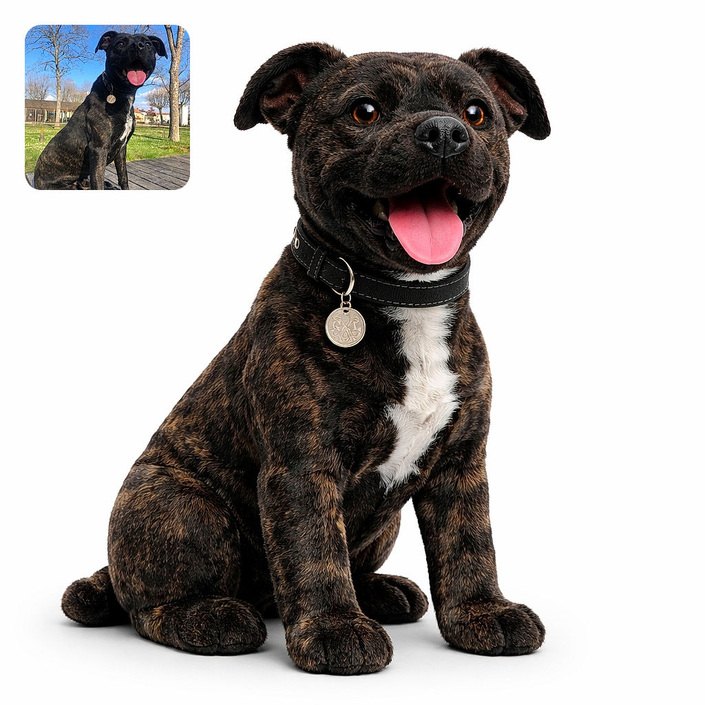 A happy black and brindle dog with a shiny coat and a big pink tongue is sitting on a wooden deck in a sunny park. The background features leafless trees under a bright blue sky and a few buildings, creating a cheerful outdoor vibe.