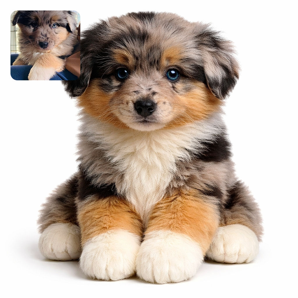A fluffy merle puppy stares straight at the camera with one striking blue eye, little paw draped like it owns the sofa — equal parts regal and pleading for treats.