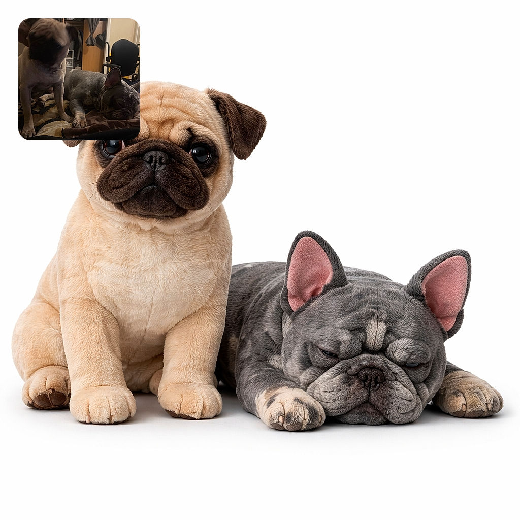 A cozy chaos scene: a snoozing Frenchie is sprawled like a wrinkled loaf while a second dog leans in to photobomb with a blurred, inquisitive face and a helpful human hand. The bedroom backdrop (blanket, wheelchair, door and scattered clothes) completes the low-light, affectionate mess.