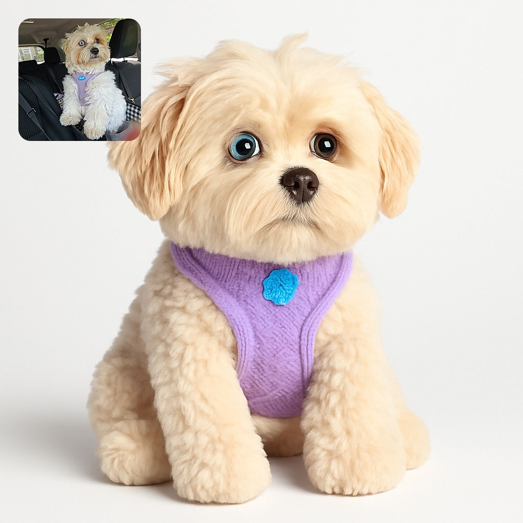 A fluffy white dog with striking heterochromia eyes sits attentively in the backseat of a car, wearing a purple harness. The interior of the car is dimly lit, contrasting with the dog's bright fur, creating a cozy and charming snapshot of a furry travel companion.