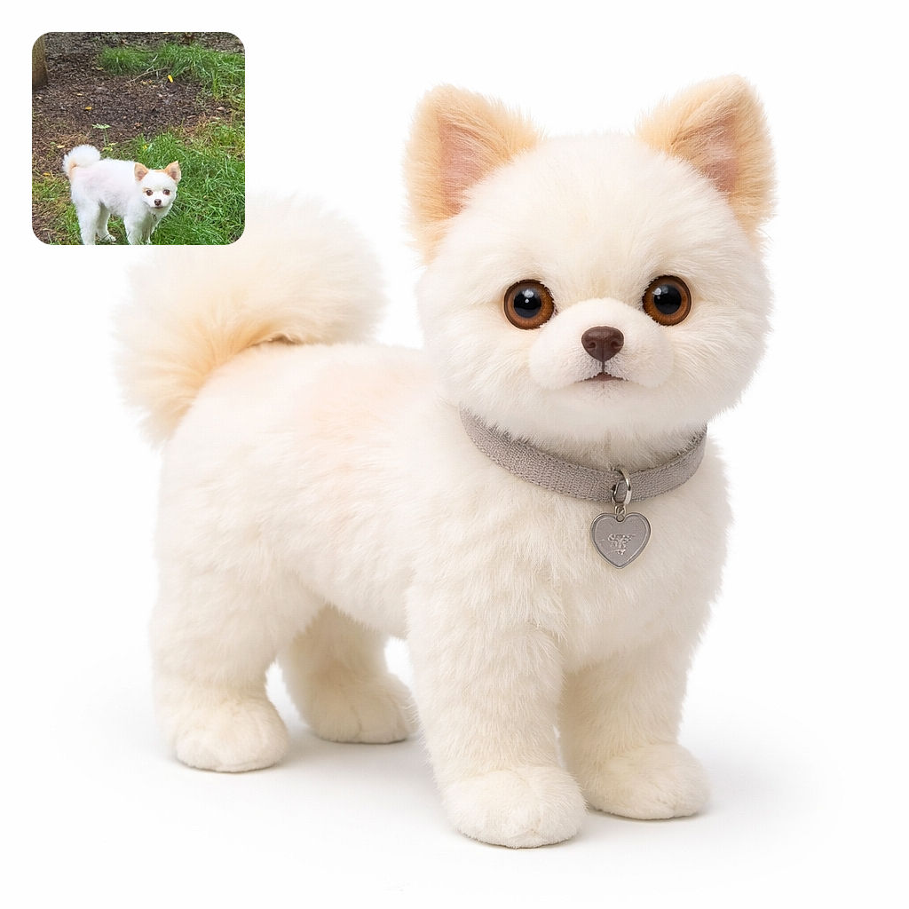 A fluffy white dog with a curled tail stands alertly on a patch of grass and dirt, giving the camera a curious look as if wondering why it's being photographed in the great outdoors.