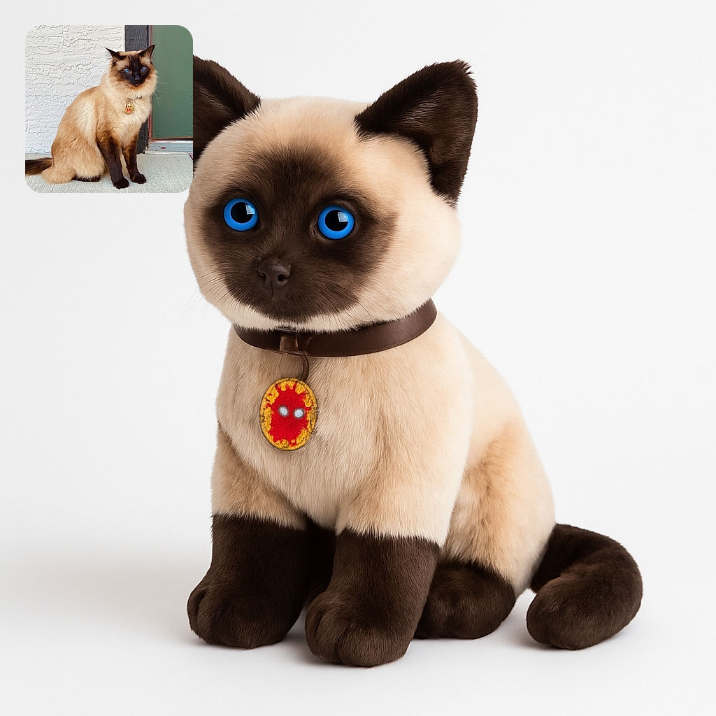 A majestic Siamese cat with striking blue eyes sits gracefully on a concrete floor, wearing a shiny ESA tag. The textured white wall and green door in the background add a subtle contrast to the cat's rich fur colors, making it look like a furry little guardian of the doorstep.