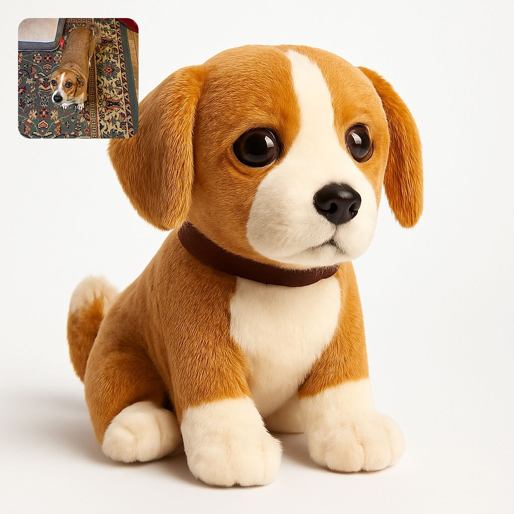 A curious dog with big, soulful eyes looks up from a richly patterned rug next to a cozy dog bed, as if wondering if it's time for a walk or a treat.