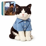 A dignified cat wearing a blue button-up shirt sits patiently on a cozy window perch, framed by a blue and white retro-style border with starburst accents. The soft evening light outside adds a calm ambiance to this quirky feline portrait.