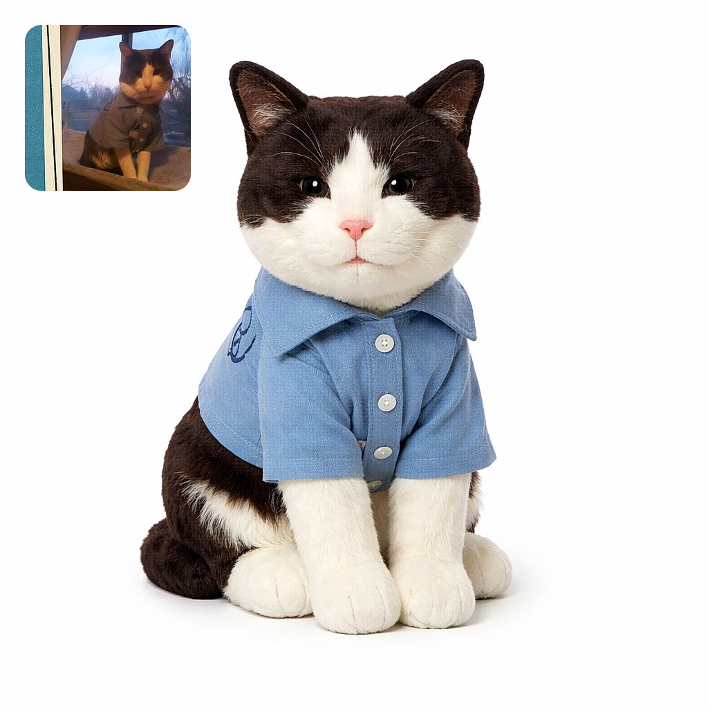 A dignified cat wearing a blue button-up shirt sits patiently on a cozy window perch, framed by a blue and white retro-style border with starburst accents. The soft evening light outside adds a calm ambiance to this quirky feline portrait.