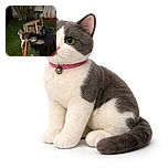 A curious cat lounges on an upside-down wooden chair placed on a small soccer goal in a dimly lit backyard at night, with lush green grass and a white fence in the background, creating a quirky and cozy outdoor scene.