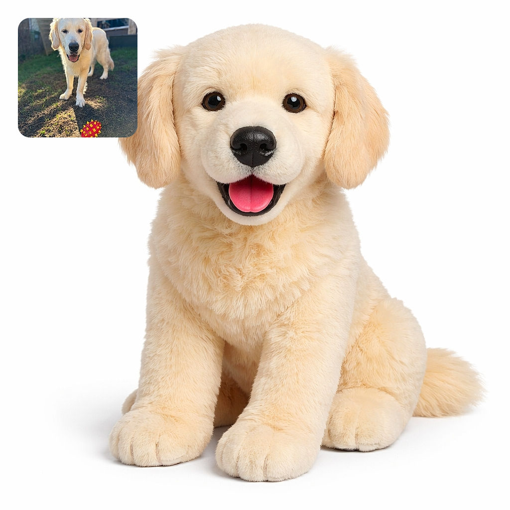 A golden retriever stealing the spotlight like a furry supermodel — sun haloing its head, tongue poking out in pure joy, and a spiky red-and-yellow toy posing dramatically in the foreground while the backyard provides the bokeh.