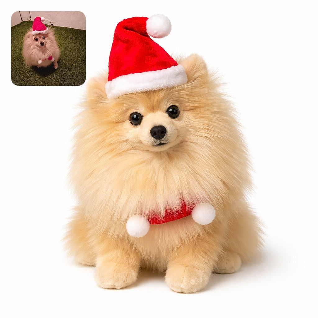 A fluffy Pomeranian in a tiny Santa hat stares up with huge, startled eyes like it just remembered where it buried its squeaky toy — festive, furball, and mildly suspicious of holiday cheer.