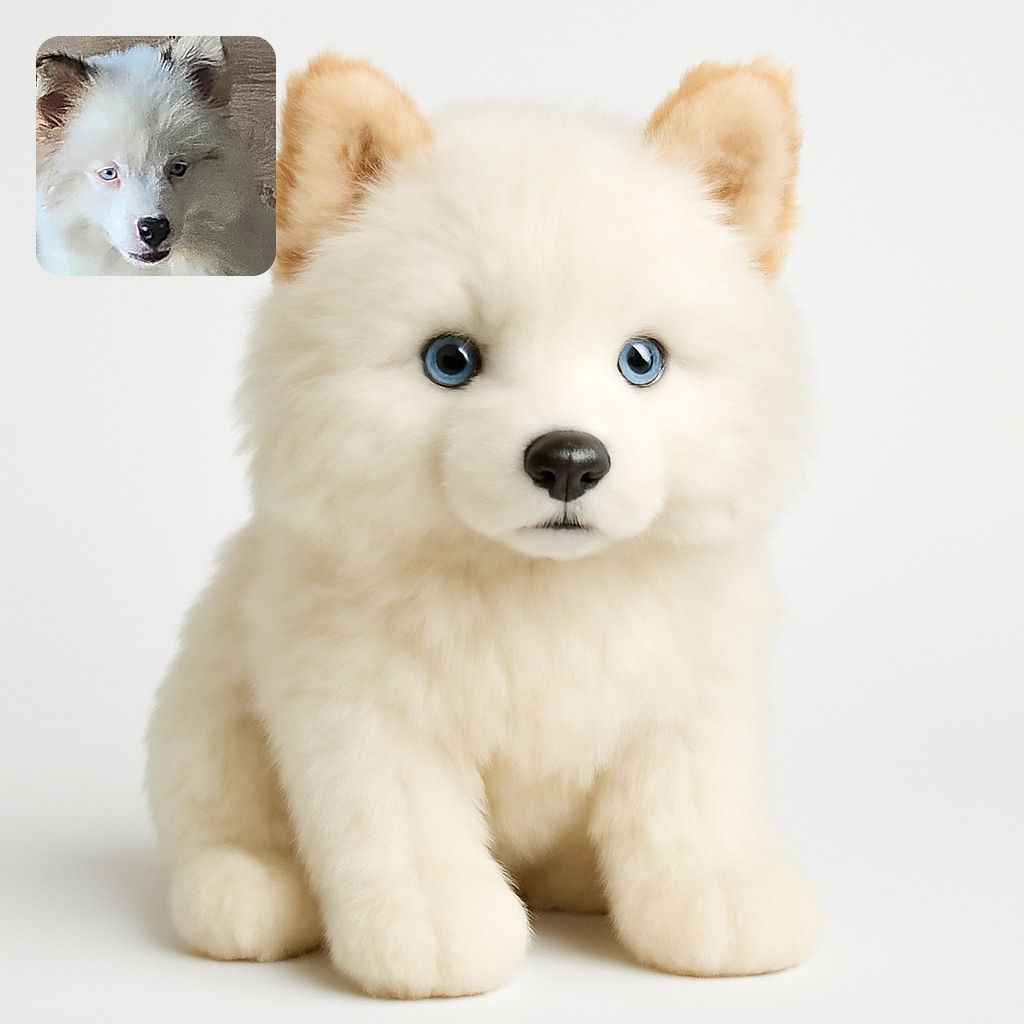 A close-up of a fluffy white dog with striking blue eyes, looking slightly off to the side with a calm expression. The background is neutral and unobtrusive, focusing attention on the dog's soft fur and facial features.