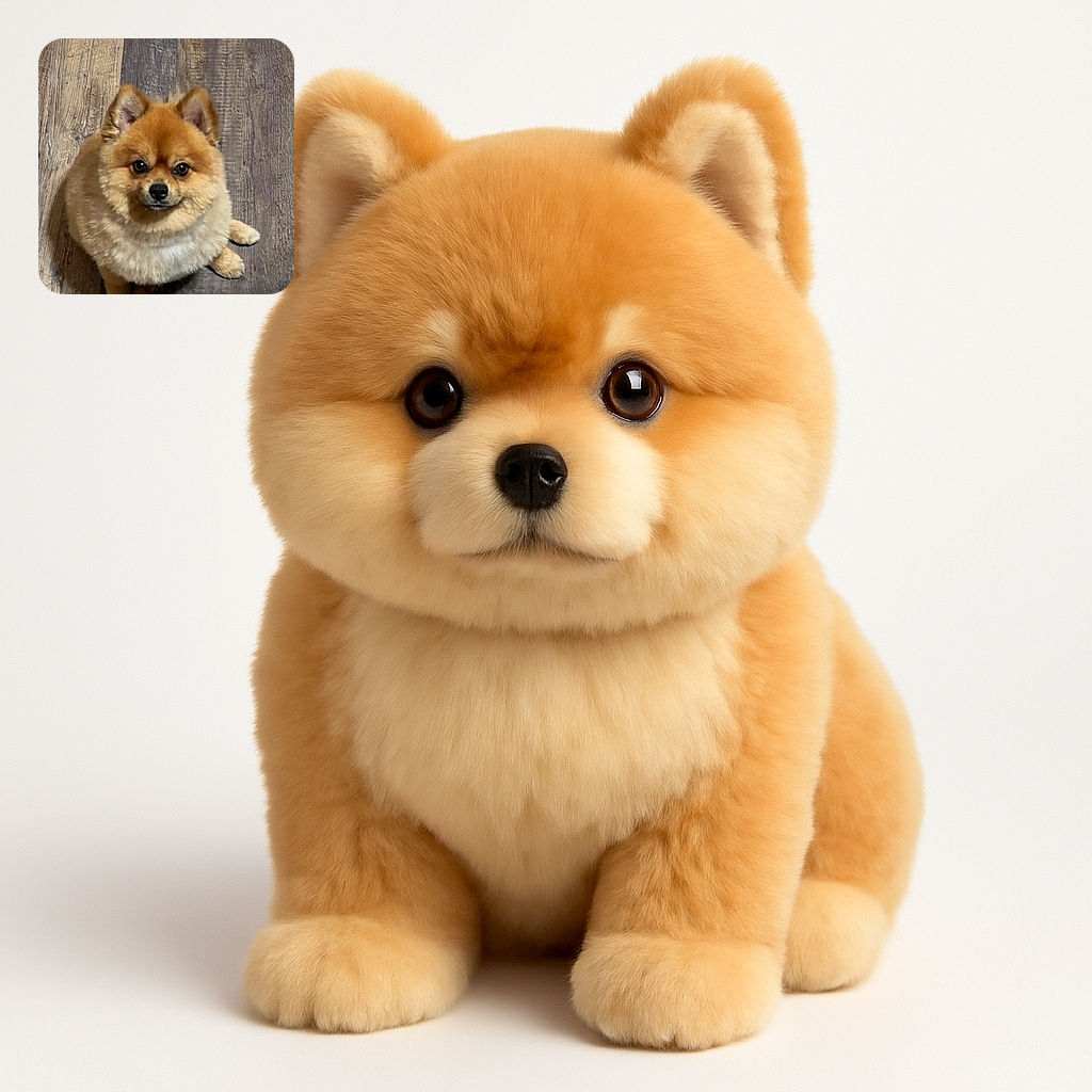 A fluffy, adorable Pomeranian dog sitting on a rustic wooden floor, looking straight at the camera with big, soulful eyes and a little smile, radiating cuteness and charm.