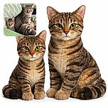 Two tabby cats lounge comfortably on a green and white patterned chair, one sitting upright with a regal gaze while the other nestles close behind, peeking out with curious eyes. The cozy setting and natural light highlight their striped fur and relaxed poses.