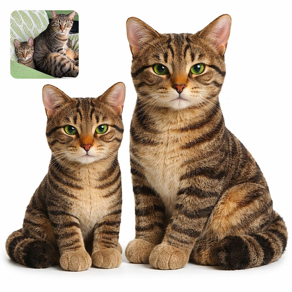 Two tabby cats lounge comfortably on a green and white patterned chair, one sitting upright with a regal gaze while the other nestles close behind, peeking out with curious eyes. The cozy setting and natural light highlight their striped fur and relaxed poses.