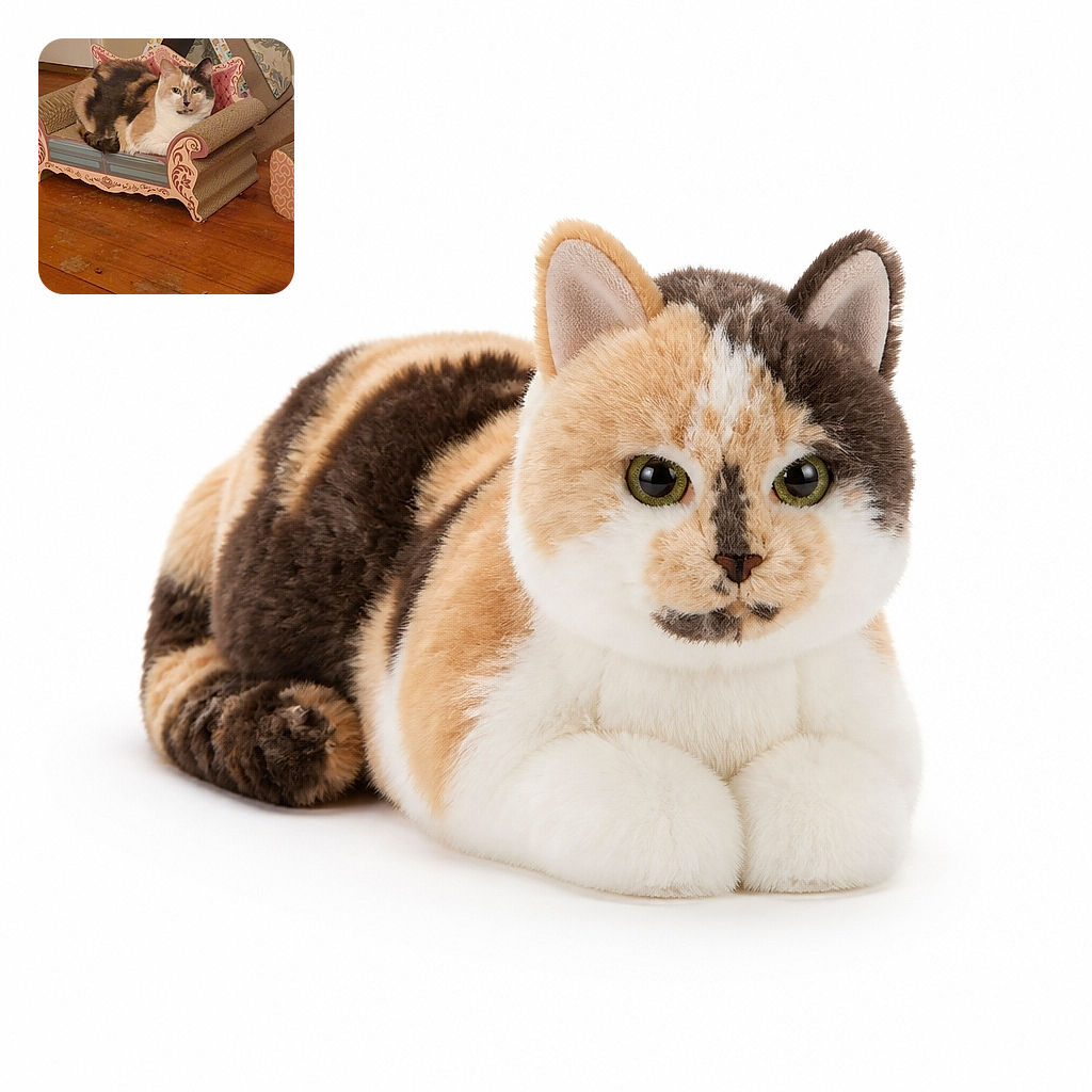 A regal calico cat lounges in a tiny cardboard throne, looking like the unquestioned monarch of the living room while the scratching furniture serves as its royal upholstery.