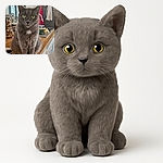 A fluffy gray cat with striking yellow-green eyes sits majestically on a wooden kitchen counter, surrounded by jars of nuts and kitchen utensils, giving off an air of quiet kitchen royalty.