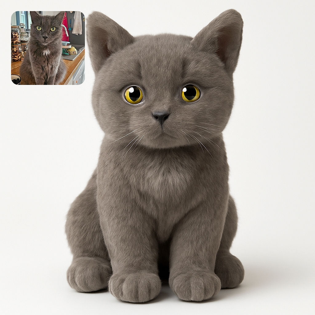 A fluffy gray cat with striking yellow-green eyes sits majestically on a wooden kitchen counter, surrounded by jars of nuts and kitchen utensils, giving off an air of quiet kitchen royalty.