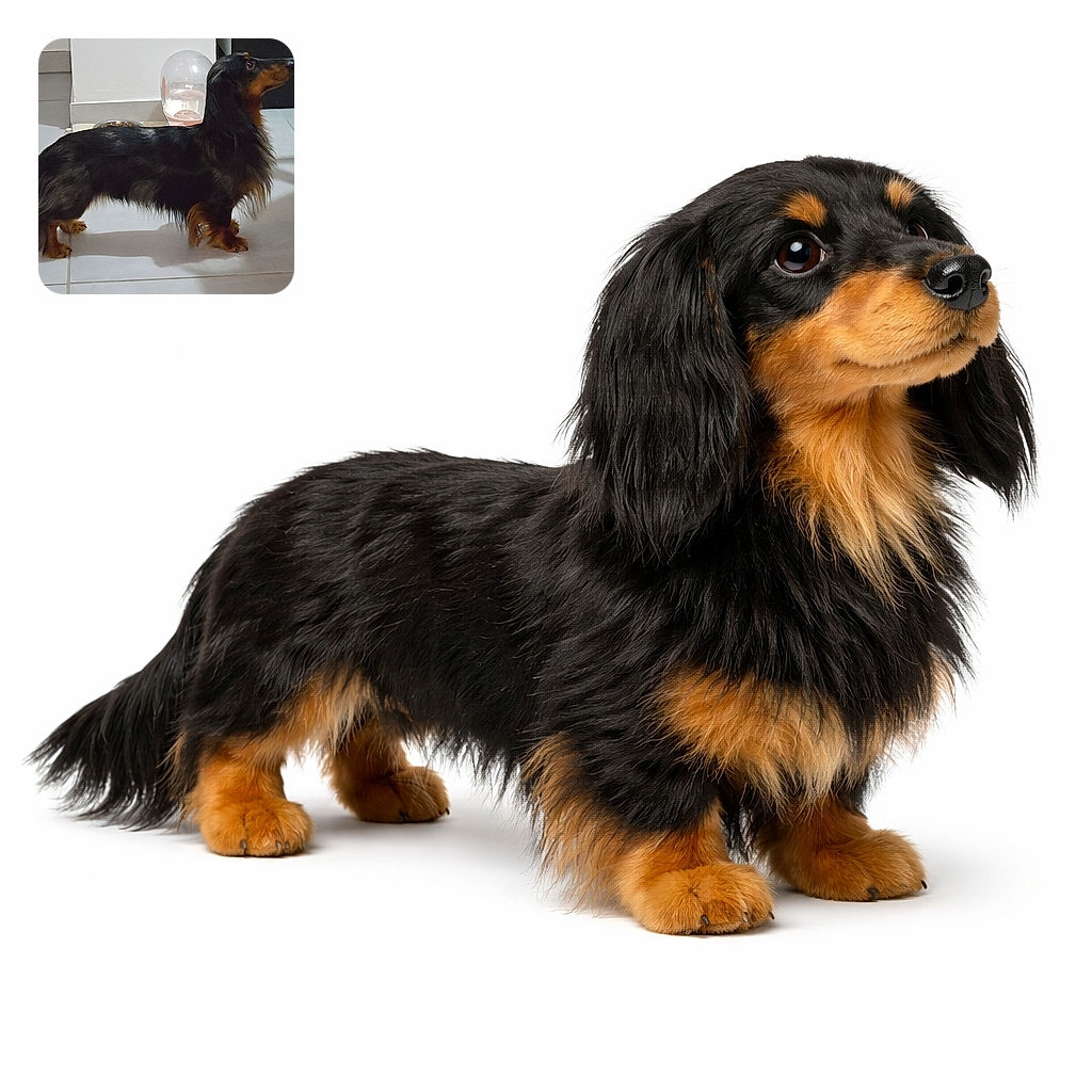 A long-haired dachshund strikes a noble, slightly suspicious pose under the table — glossy black-and-tan coat, tiny paws planted like a soldier, and eyes fixed upward as if negotiating dinner or world domination.