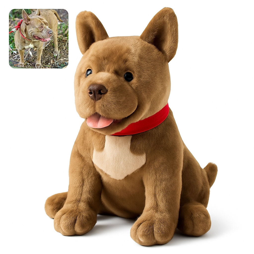 A happy dog with a reddish-brown coat and a red collar is standing outdoors on a leafy ground, looking to the side with its tongue slightly out, enjoying the fresh air and nature.